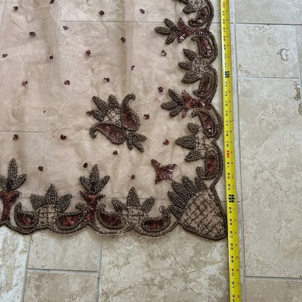 Brown Beaded Table Runner 38x87 Sequin Paisley Sheer Mesh Scalloped Boho Mat